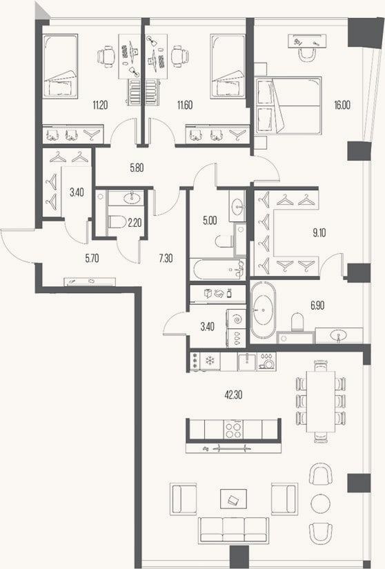Планировка: 3-к, 129,9 м²