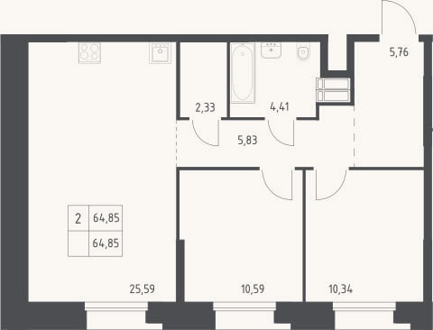 Планировка: 2-к, 64,9 м²