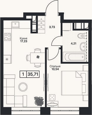 Планировка: 1-к, 35,7 м²