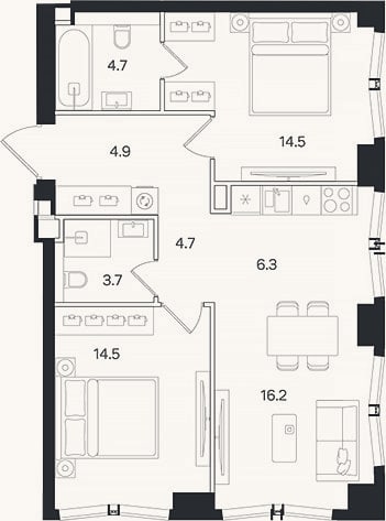 Планировка: 3-к, 69,5 м²