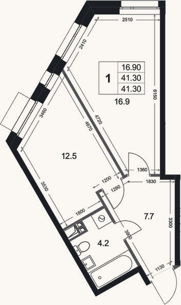 Планировка: 1-к, 41,3 м²