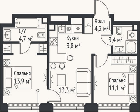 Планировка: 3-к, 54,4 м²
