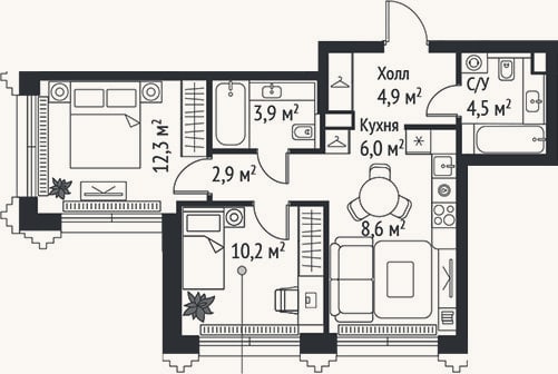Планировка: 3-к, 53,3 м²