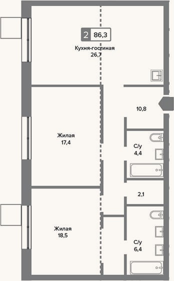 Планировка: 3-к, 86,3 м²
