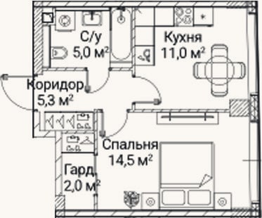 Планировка: 1-к, 37 м²