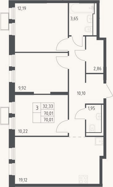 Планировка: 3-к, 70 м²