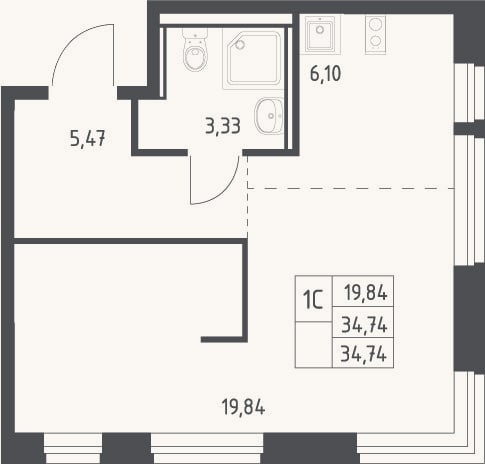Планировка: Студия, 34,7 м²