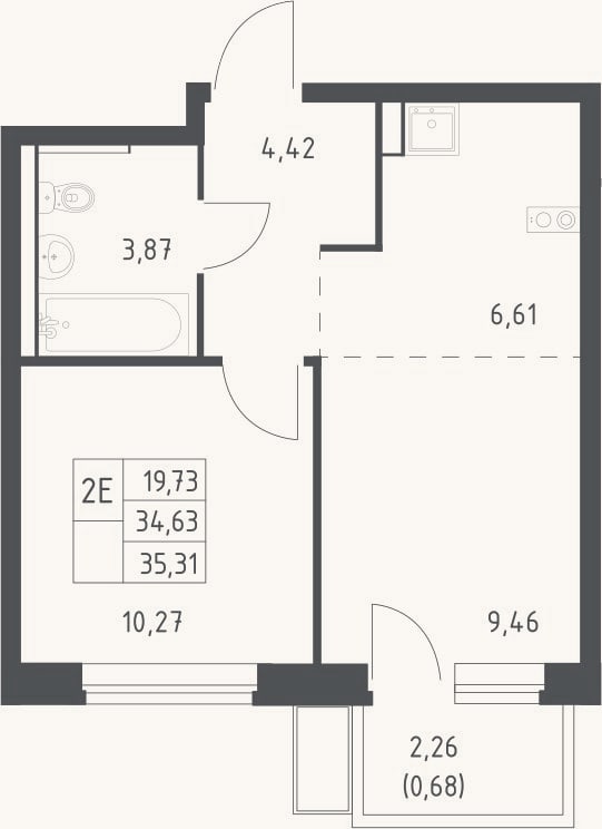 Планировка: 2-к, 34,6 м²