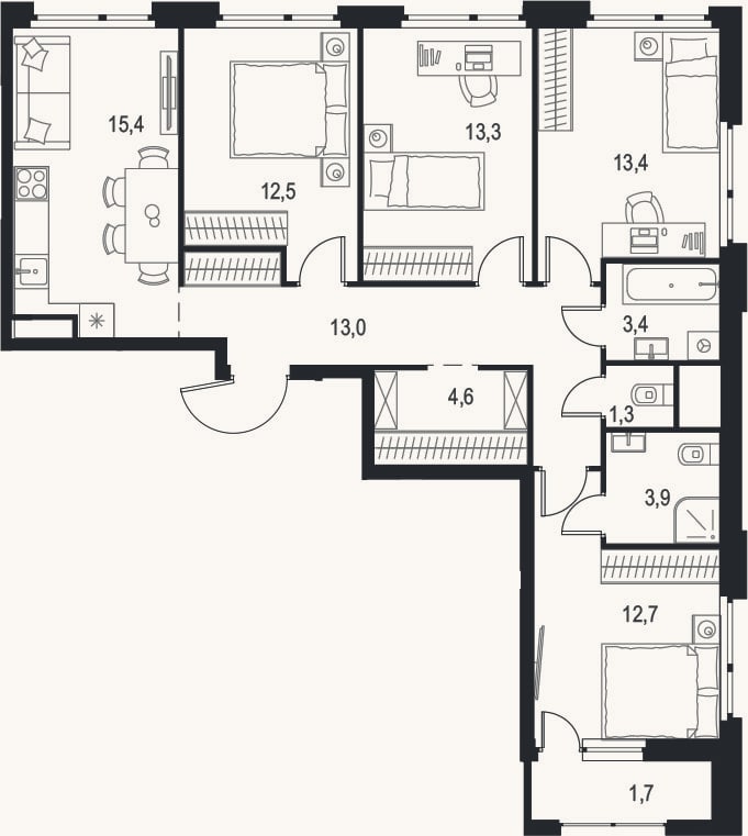 Планировка: 4+ к, 93,5 м²