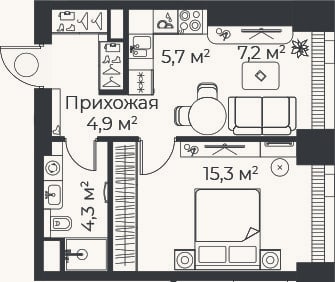 Планировка: 2-к, 37,4 м²