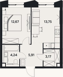 Планировка: 1-к, 39,7 м²