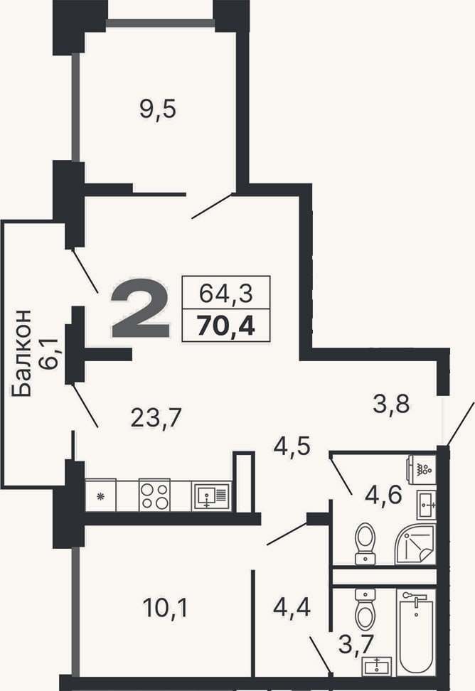 Планировка: 3-к, 64,3 м²