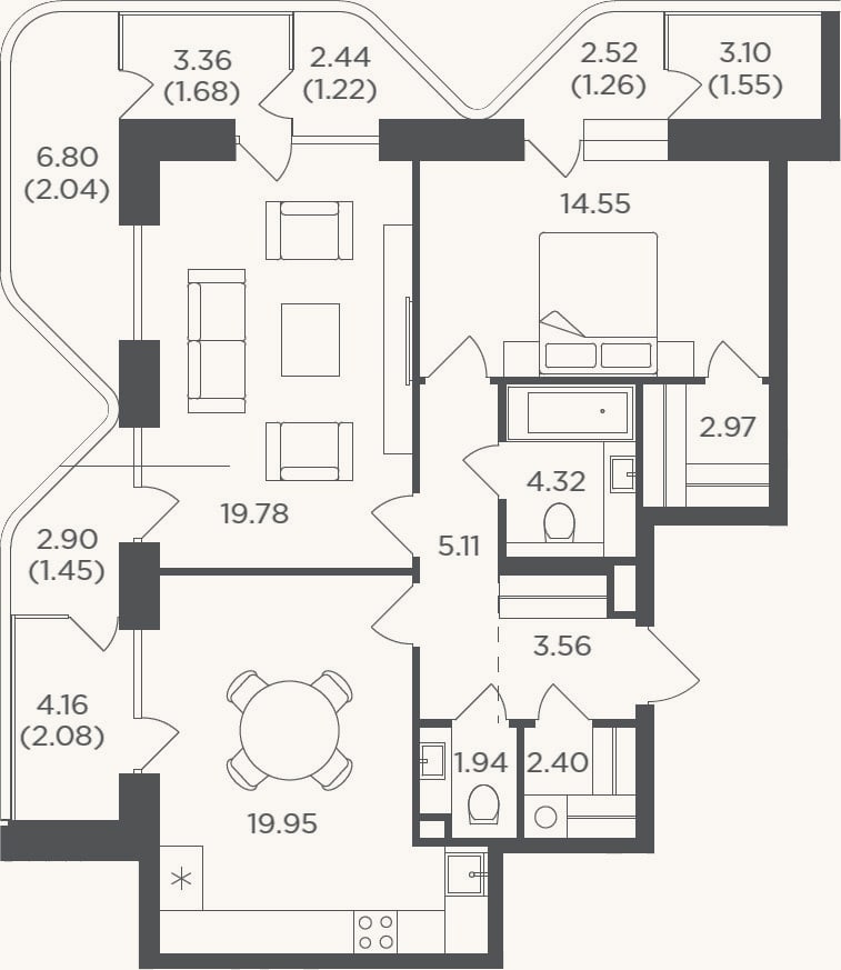 Планировка: 2-к, 74,6 м²