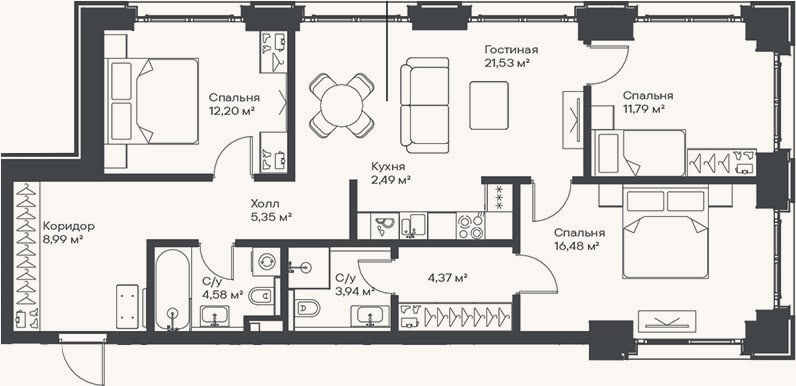 Планировка: 4+ к, 91,7 м²