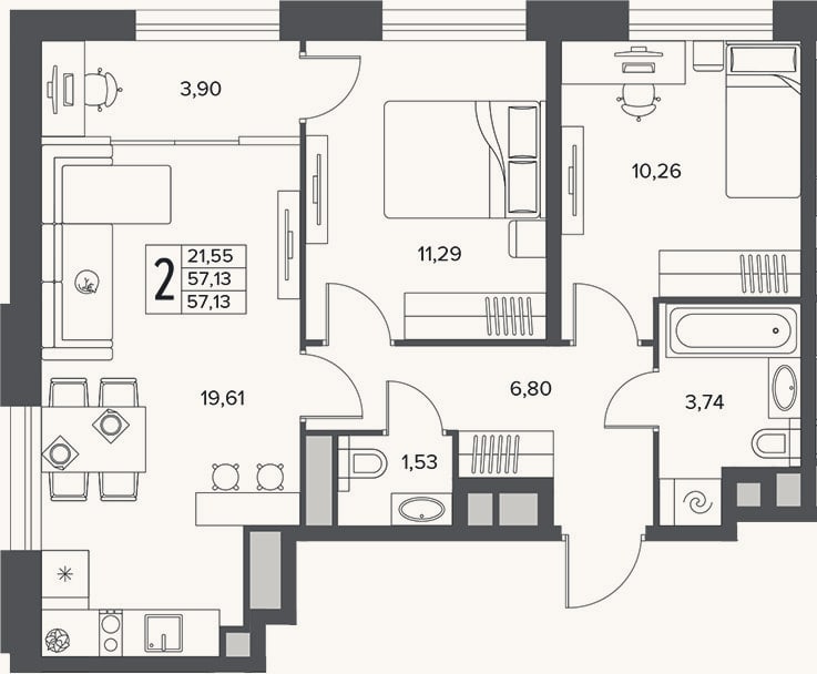 Планировка: 3-к, 57,1 м²