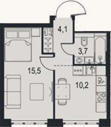 Планировка: 1-к, 33,5 м²