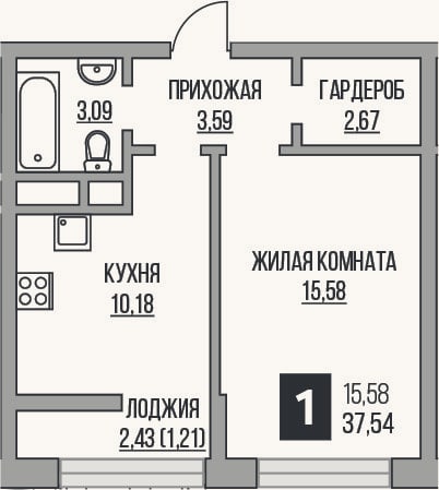 Планировка: 1-к, 35,1 м²