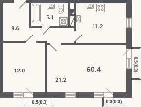 Планировка: 2-к, 59,1 м²