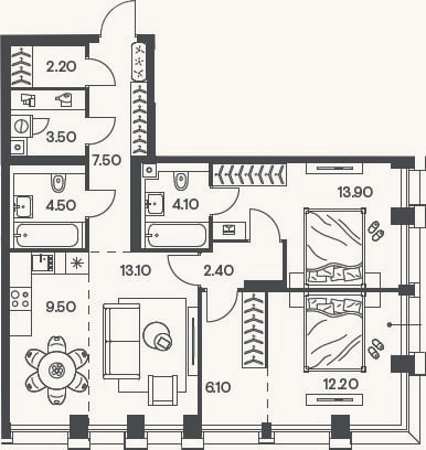 Планировка: 3-к, 79 м²