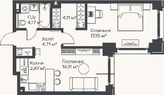 Планировка: 2-к, 48,7 м²
