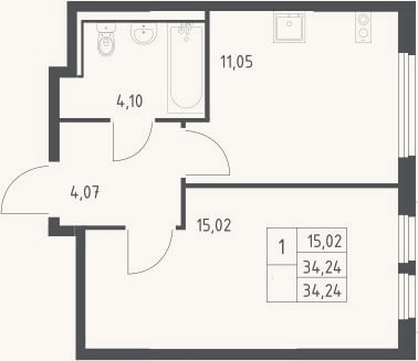 Планировка: 1-к, 34,2 м²