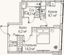 Планировка: 1-к, 34,8 м²