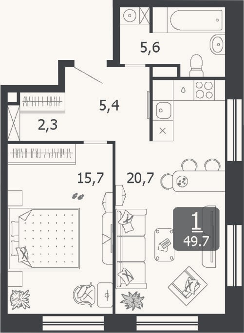 Планировка: 2-к, 49,7 м²