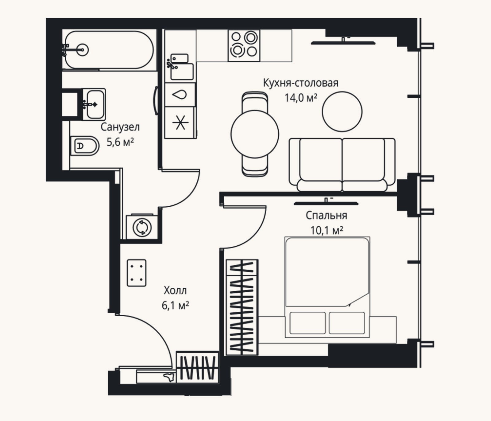 Планировка: 2-к, 35,8 м²