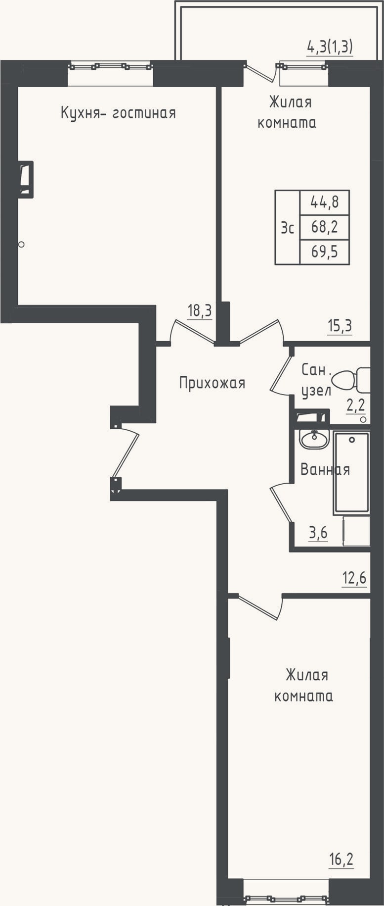 Планировка: 2-к, 68,2 м²