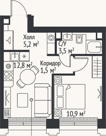 Планировка: 2-к, 33,9 м²