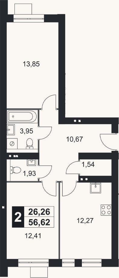 Планировка: 2-к, 56,6 м²