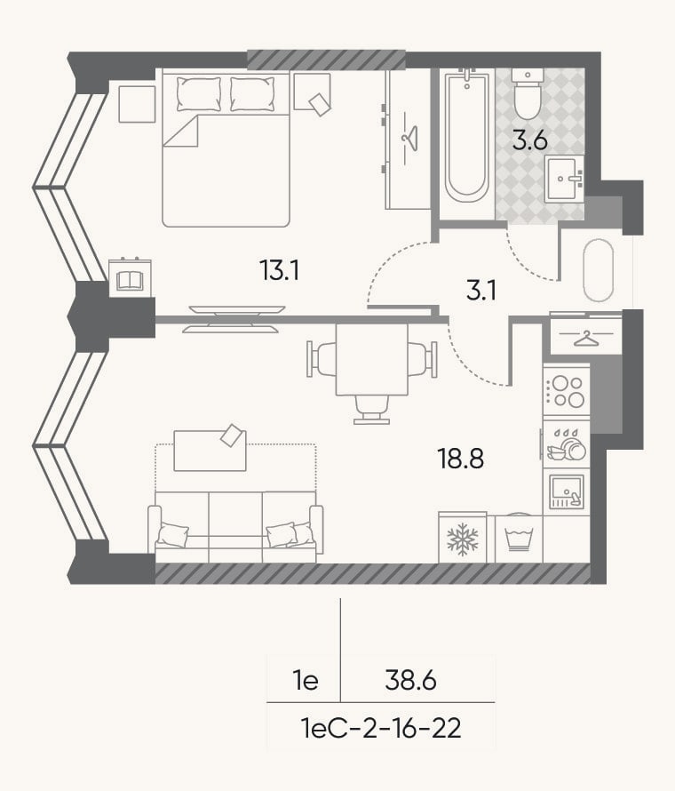 Планировка: 2-к, 38,6 м²