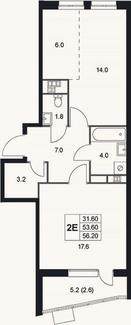 Планировка: 2-к, 53,6 м²