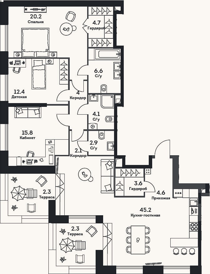 Планировка: 4+ к, 126,2 м²