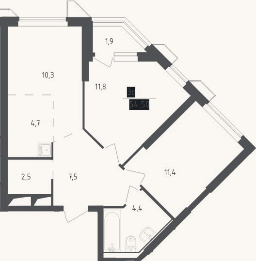 Планировка: 3-к, 52,6 м²