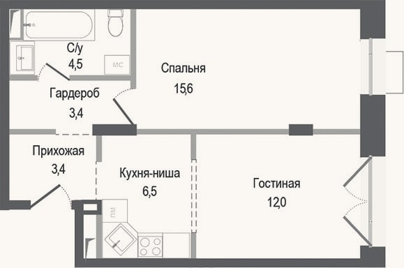 Планировка: 2-к, 45,4 м²