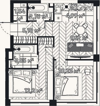 Планировка: 2-к, 50,4 м²
