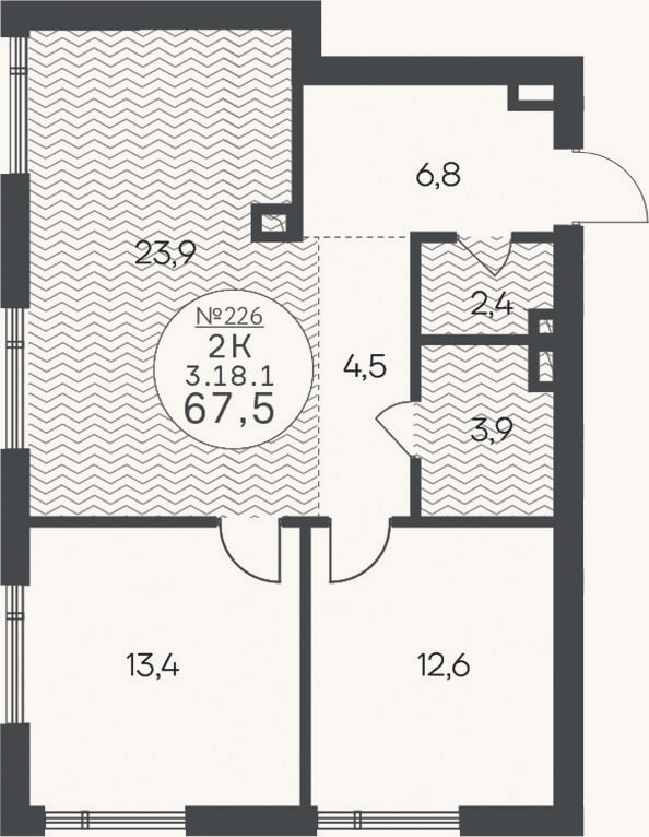 Планировка: 2-к, 67,5 м²