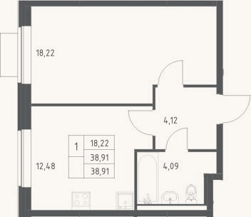 Планировка: 1-к, 38,9 м²