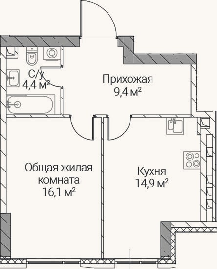 Планировка: 1-к, 44,8 м²