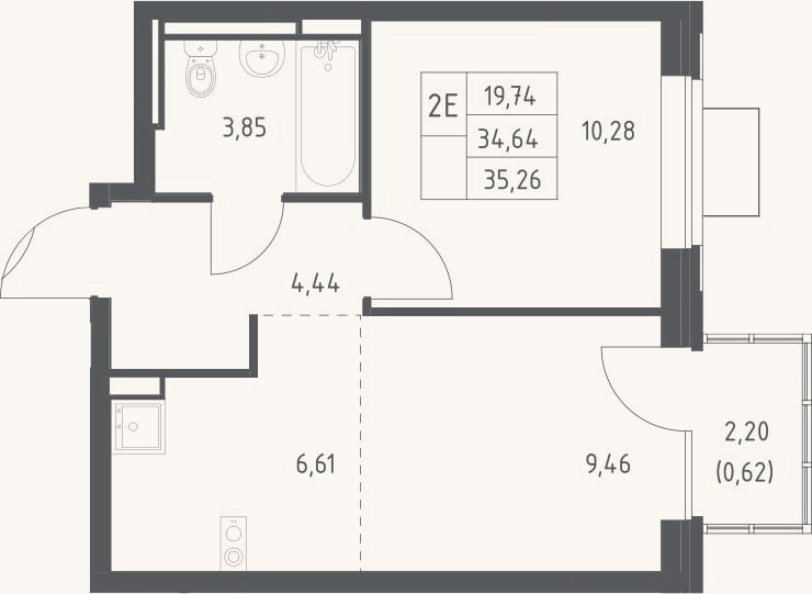 Планировка: 2-к, 34,6 м²