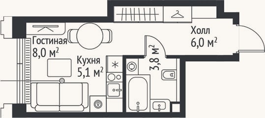 Планировка: Студия, 22,9 м²