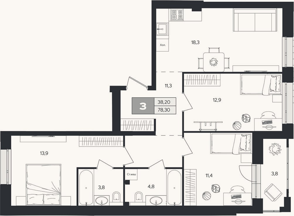 Планировка: 3-к, 76,4 м²