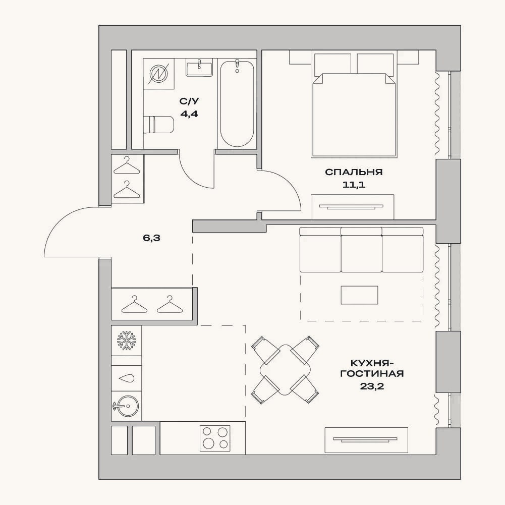 Планировка: 2-к, 45 м²