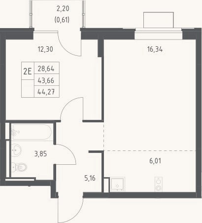 Планировка: 2-к, 43,7 м²