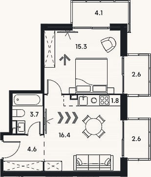 Планировка: 2-к, 41,8 м²