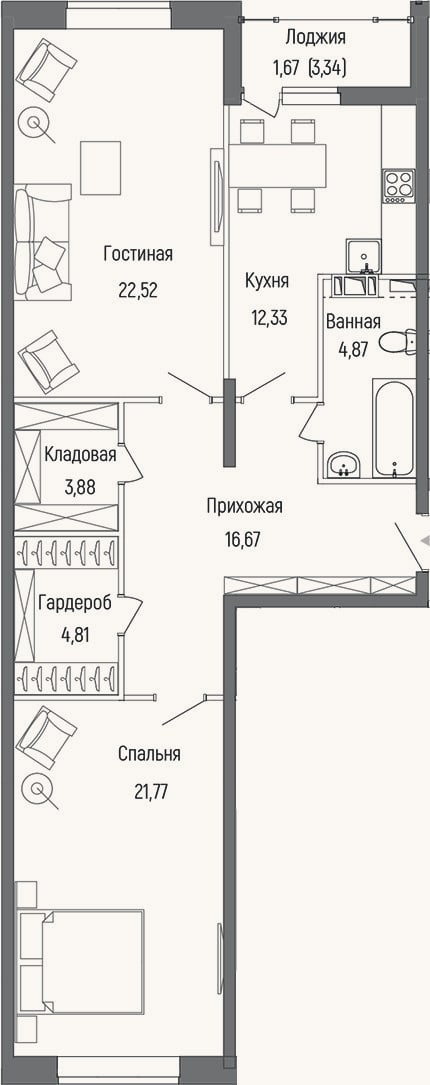 Планировка: 2-к, 86,9 м²