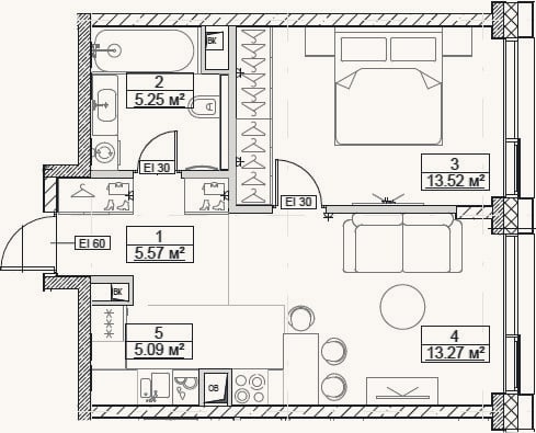 Планировка: 2-к, 42,7 м²