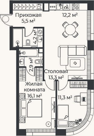 Планировка: 3-к, 65,5 м²