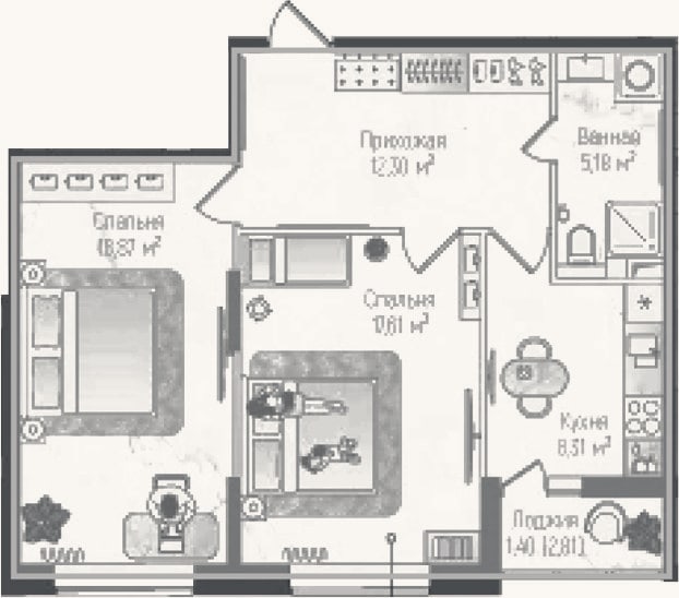 Планировка: 2-к, 62,3 м²